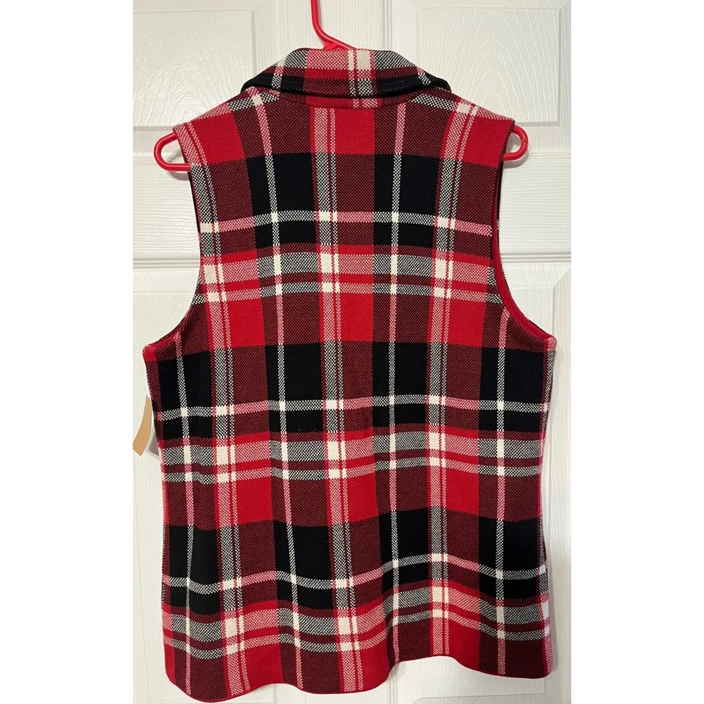 Chaps Womens Plaid Vest Sleeveless Top Collared Full Zip Red Black‎ White L/G